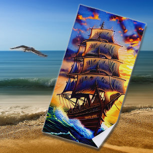 Add Name, Brown Pirate Sailing Ship in Waves Beach Towel