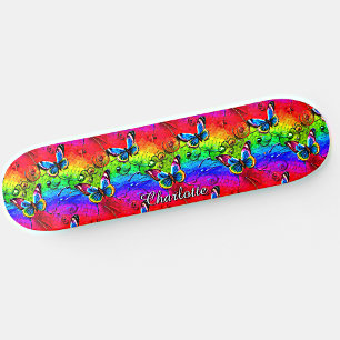 Add Name, Butterflies on Blue Yellow Red Sunset, Skateboard