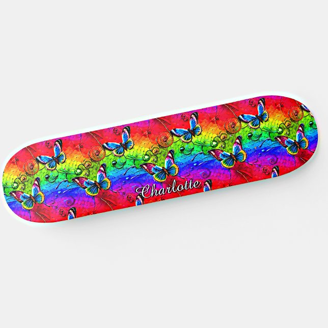Add Name, Butterflies on Blue Yellow Red Sunset, Skateboard (Creator Uploaded)