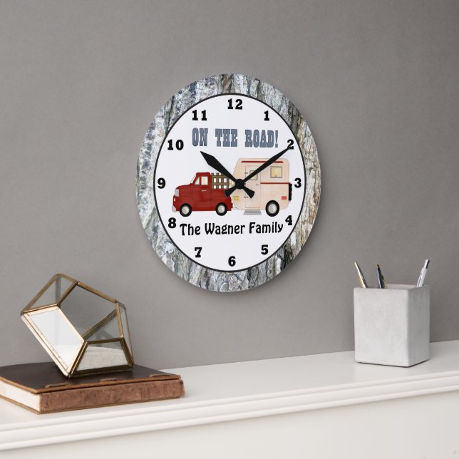 Add name Camping camper wall clock (Office)