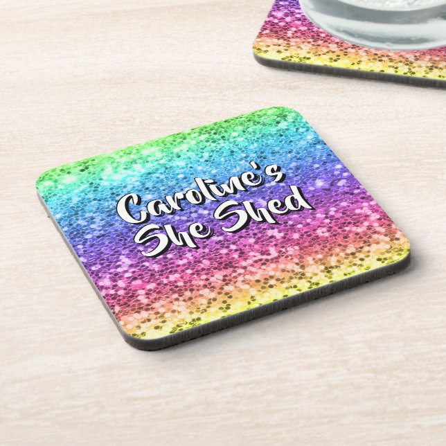 Add Name Change Any Text She Shed Sparkle Rainbow  Coaster (Left Side)