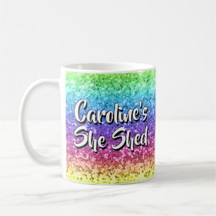 Add Name Change Any Text She Shed Sparkle Rainbow  Coffee Mug