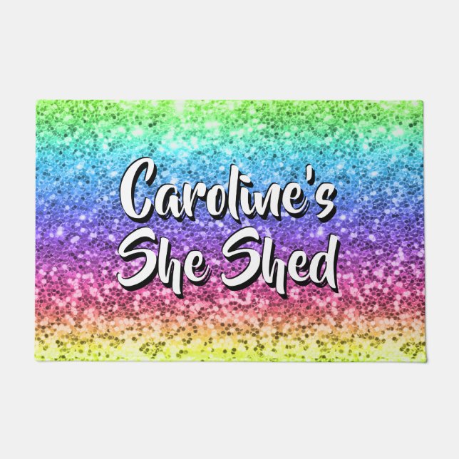 Add Name Change Any Text She Shed Sparkle Rainbow  Doormat (Front)