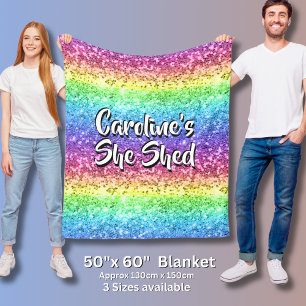 Add Name Change Any Text She Shed Sparkle Rainbow  Fleece Blanket