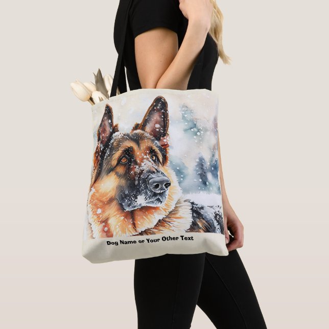Add Name Change Text, German Shepherd in Snow #2   Tote Bag (Close Up)