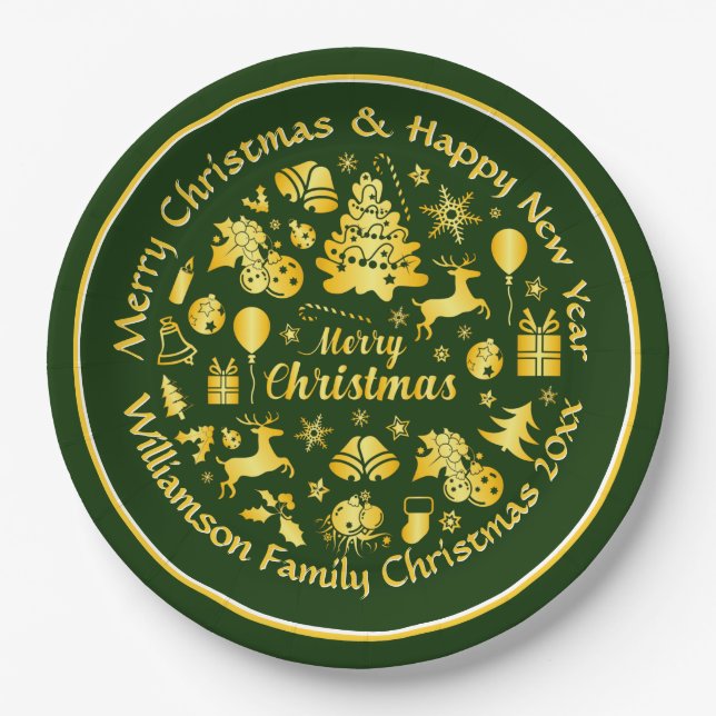 Add Name Change Text Gold  Green Christmas 20xx 9" Paper Plate (Front)