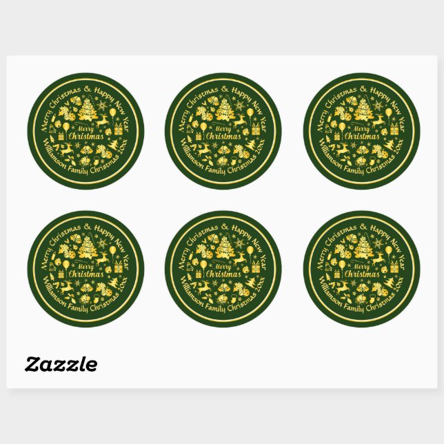 Add Name Change Text Gold  Green Christmas 20xx   Classic Round Sticker (Sheet)