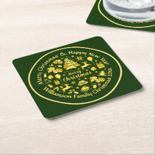 Add Name Change Text Gold Green Christmas 20xx Square Paper Coaster