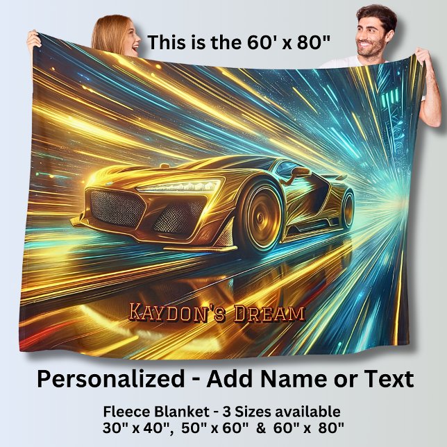 Add Name Change Text, Golden Racing Car  Fleece Blanket (Creator Uploaded)