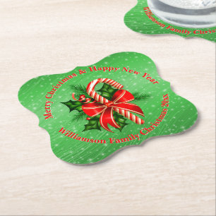Add Name Change Text Red Green Christmas 20xx Paper Coaster