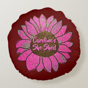 Add Name Change Text She Shed Pink Sunflower Round Cushion