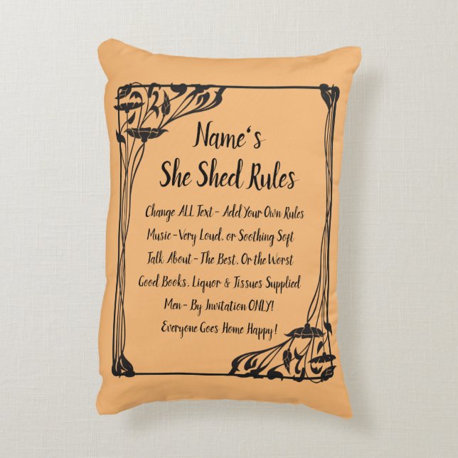 Add Name Change Text She Shed Rule Art Deco Beige Decorative Cushion (Back(Vertical))