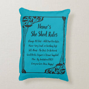 Add Name Change Text She Shed Rule Art Deco Blue Decorative Cushion