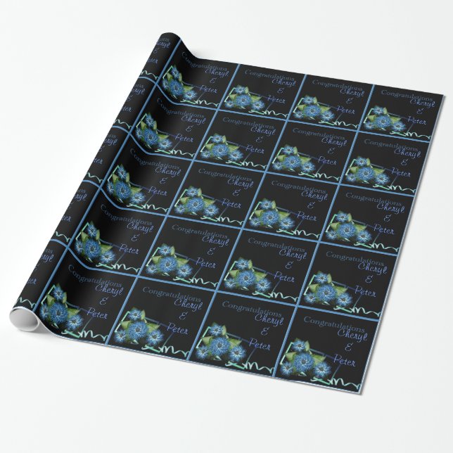 Add name Chic Blue black floral gift wrap template (Unrolled)