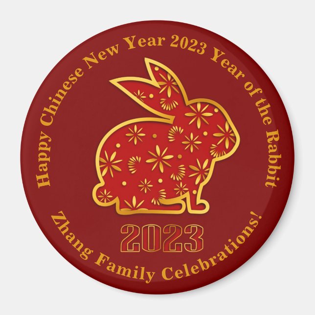 Add Name Chinese New Year 2023 Rabbit Gold Red 3" Magnet (Front)