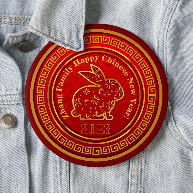 Add Name Chinese New Year 2023 Rabbit Gold Red 6"  6 Cm Round Badge (In Situ)