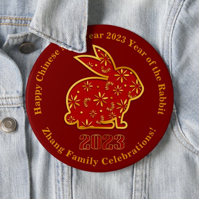 Add Name Chinese New Year 2023 Rabbit Gold Red 6" 6 Cm Round Badge (In Situ)