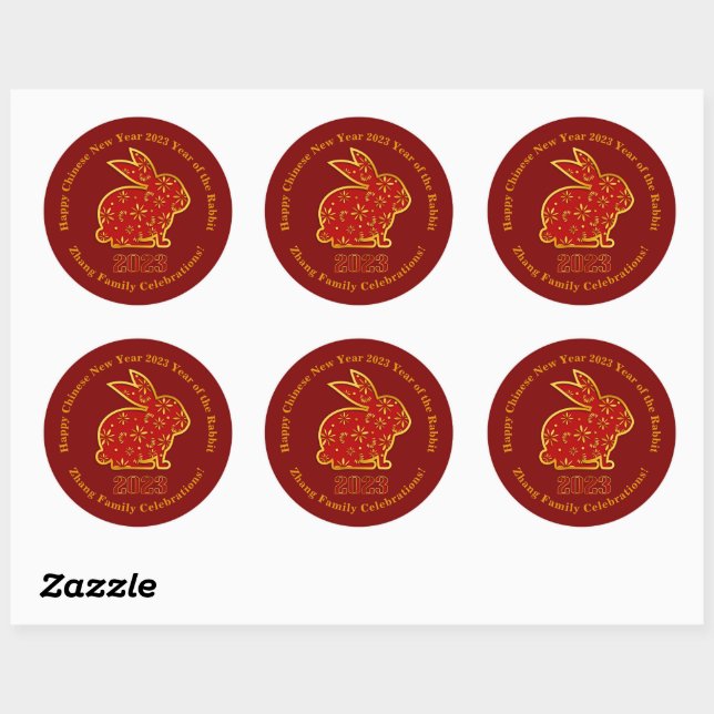 Add Name Chinese New Year 2023 Rabbit Red Gold  3" Classic Round Sticker (Sheet)