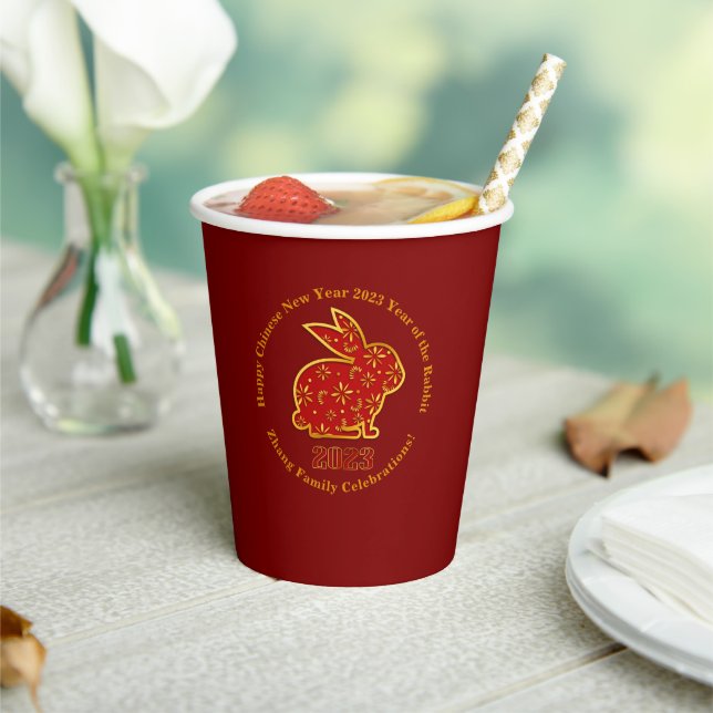 Add Name Chinese New Year 2023 Rabbit Red Gold Paper Cups (Insitu)