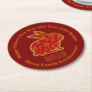 Add Name Chinese New Year 2023 Rabbit Red Gold  Round Paper Coaster