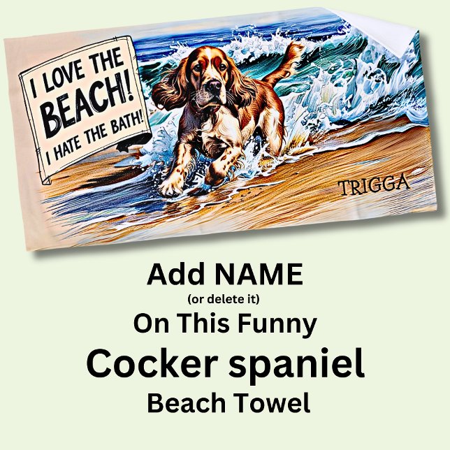 Add Name, Cocker Spaniel Splashing in Waves Dog Beach Towel (Creator Uploaded)