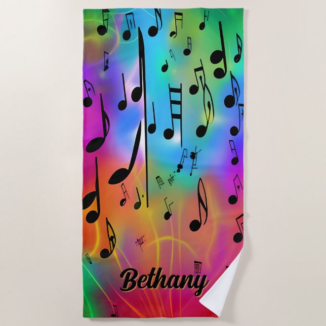 Add Name, Colorful Musical Notes  Beach Towel (Front)