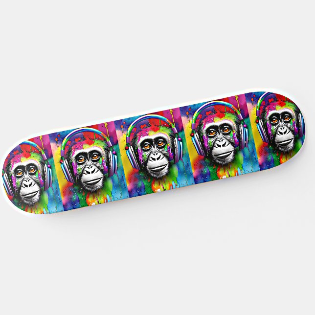 Add Name, Colourful Monkey with Headphones Skateboard (Creator Uploaded)