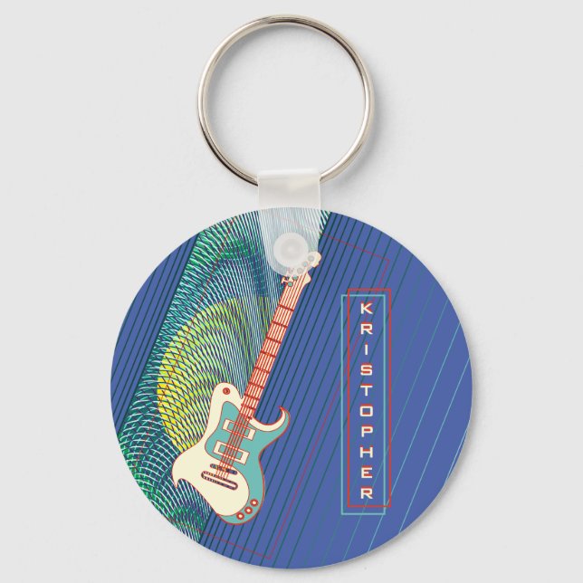   Add Name Cool Modern Teal & Blue Electric Guitar Key Ring (Front)