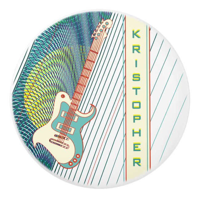  Add Name Cool Modern White & Teal Electric Guitar Ceramic Knob (Front)