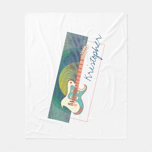  Add Name Cool Modern White & Teal Electric Guitar Fleece Blanket (Front)