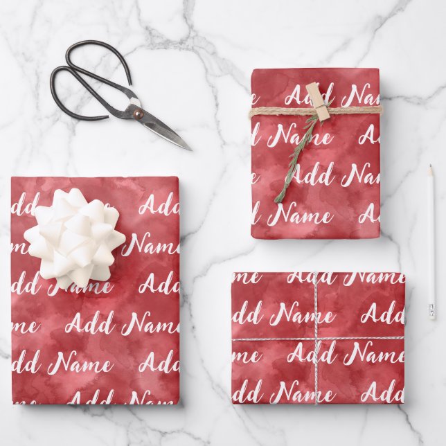 Add Name Custom Red Watercolor  Wrapping Paper Sheet (Front)