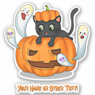 Add Name, Cute Black Cat Kitten on Pumpkin Ghosts