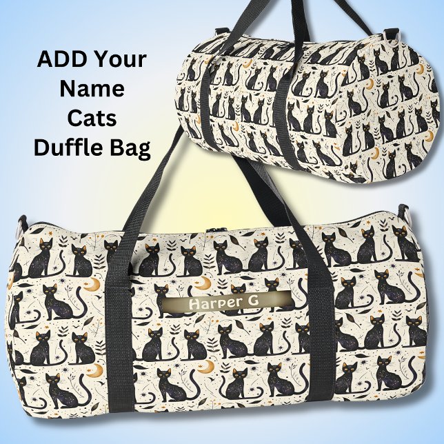 Add Name, Cute Black Cats & Moon Duffle Bag (Creator Uploaded)