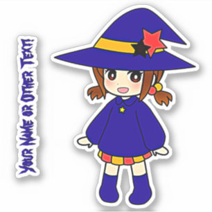 Add Name, Cute Blue Little Girl Witch Hat Stars