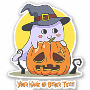 Add Name, Cute Ghost Pumpkin Moon Witch Hat       