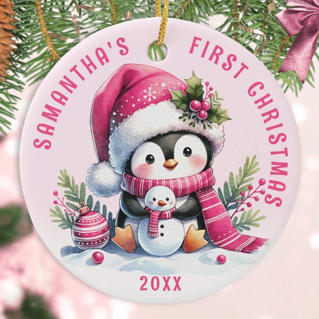 Add Name Cute Penguin Girly Pink First Christmas Ceramic Ornament (Creator Uploaded)