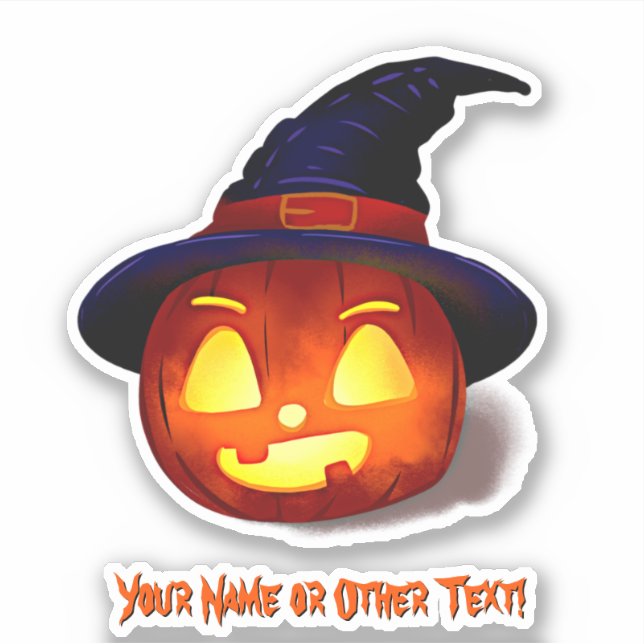 Add Name, Cute Pumpkin Witch Hat with Yellow Light (Front)