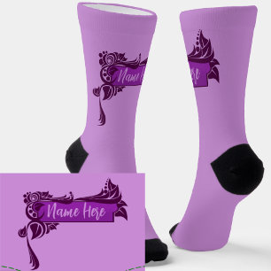 Add Name, Dark Purple Swirl Border on Mauve        Socks
