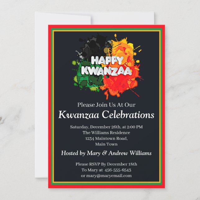 Add Name Date Details Kwanzaa Paint Splash, Party Invitation (Front)