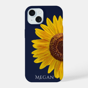 Add Name Deep Navy Blue Close Up Yellow Sunflower iPhone 15 Case