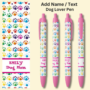 Add Name, 'Dog Mum',  Dog Rainbow Paw Prints  Black Ink Pen