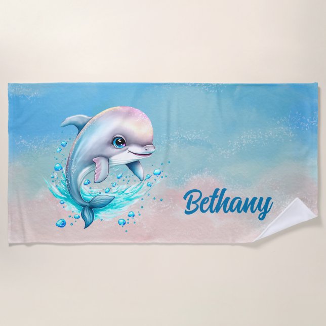 Add Name, Dolphin Swimming with Bubbles Pink Blue Beach Towel (Front)