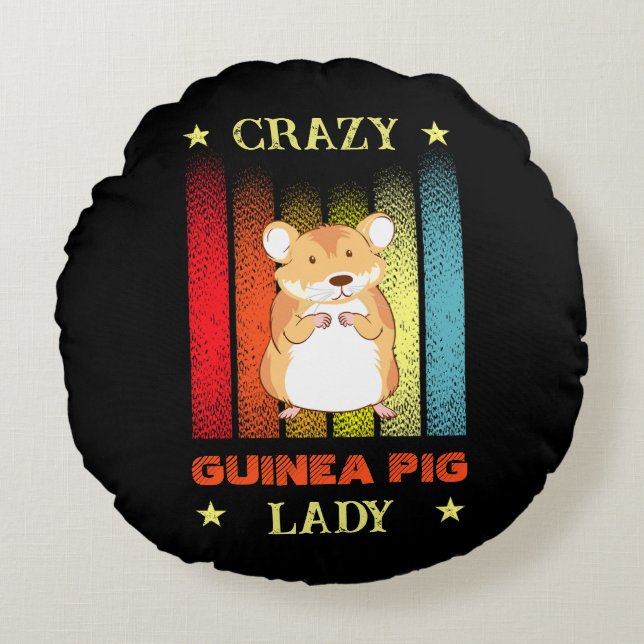 Add Name Edit Text Crazy Guinea Pig Lady   Round Cushion (Front)