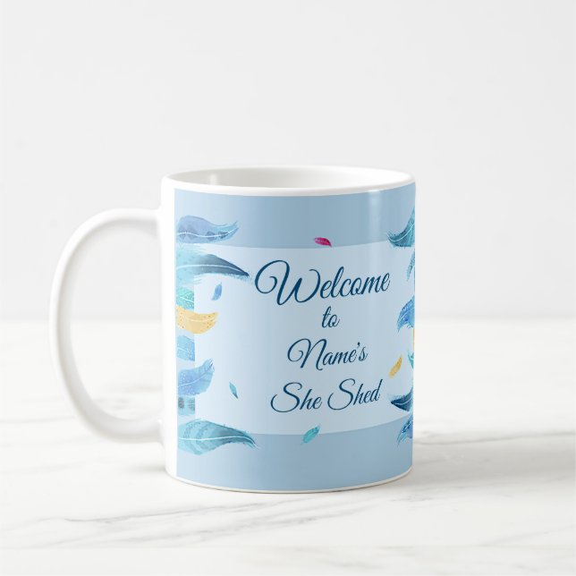 Add Name Edit Text She Shed Boho Blue Feathers     Coffee Mug (Left)