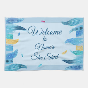 Add Name Edit Text She Shed Boho Blue Feathers     Tea Towel