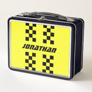 Add Name Editable Colours Double Chequered Stripes Metal Lunch Box