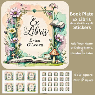 Add Name Ex Libris Watercolor Cottagecore Square Sticker
