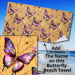 Add Name, Fantasy Butterfly Mauve Iridescent  Beach Towel