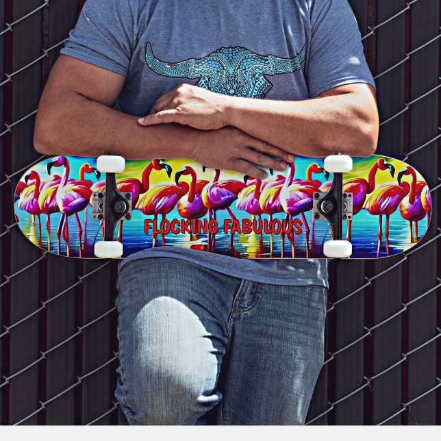 Add Name, Flocking Fabulous Flamingo Pink Red Skateboard (Creator Uploaded)