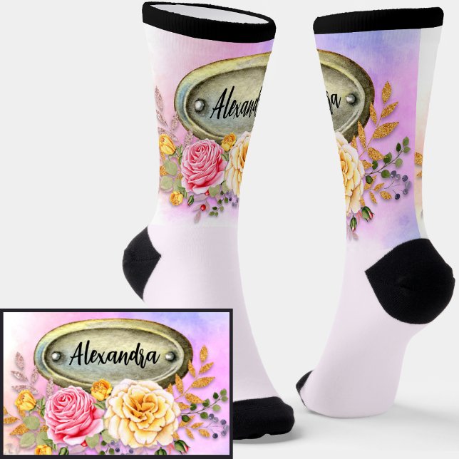 Add Name, Floral Roses with Nameplate Plinth Socks (Creator Uploaded)